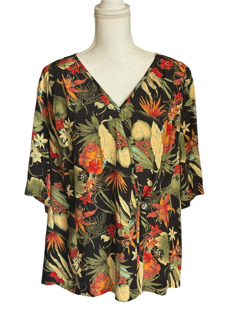 Carole Little Tropical Floral Wrap Blouse Size 16W Black Short Sleeve Top